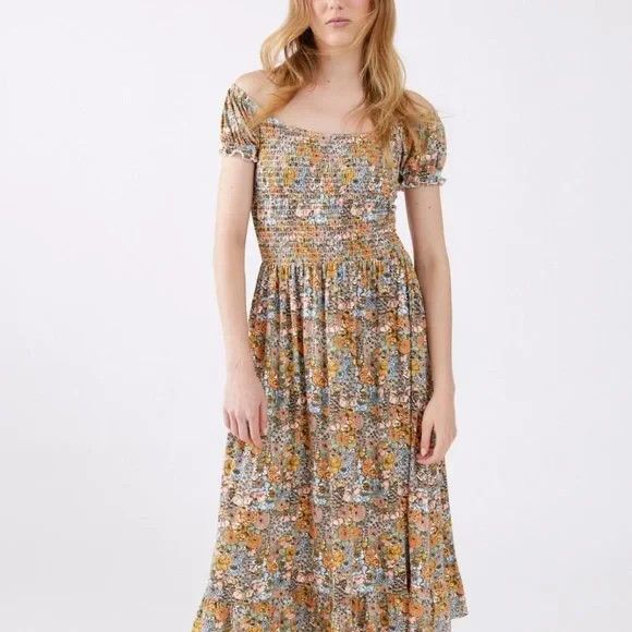 Urban Outfitters Tessie Floral Smocked Bodice Ruffle Puff Sleeves Midi Dress  M - Picture 1 of 12